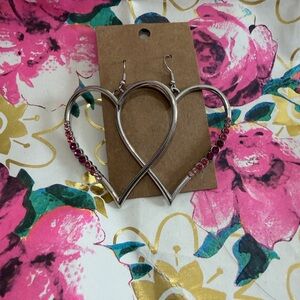 Silver Heart Earrings with Pink Accents